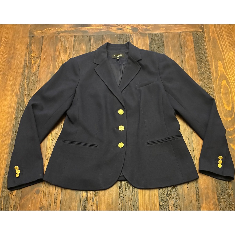 Talbots Aberdeen Blazer Jacket Navy Blue Gold Buttons Women Size 12P Career